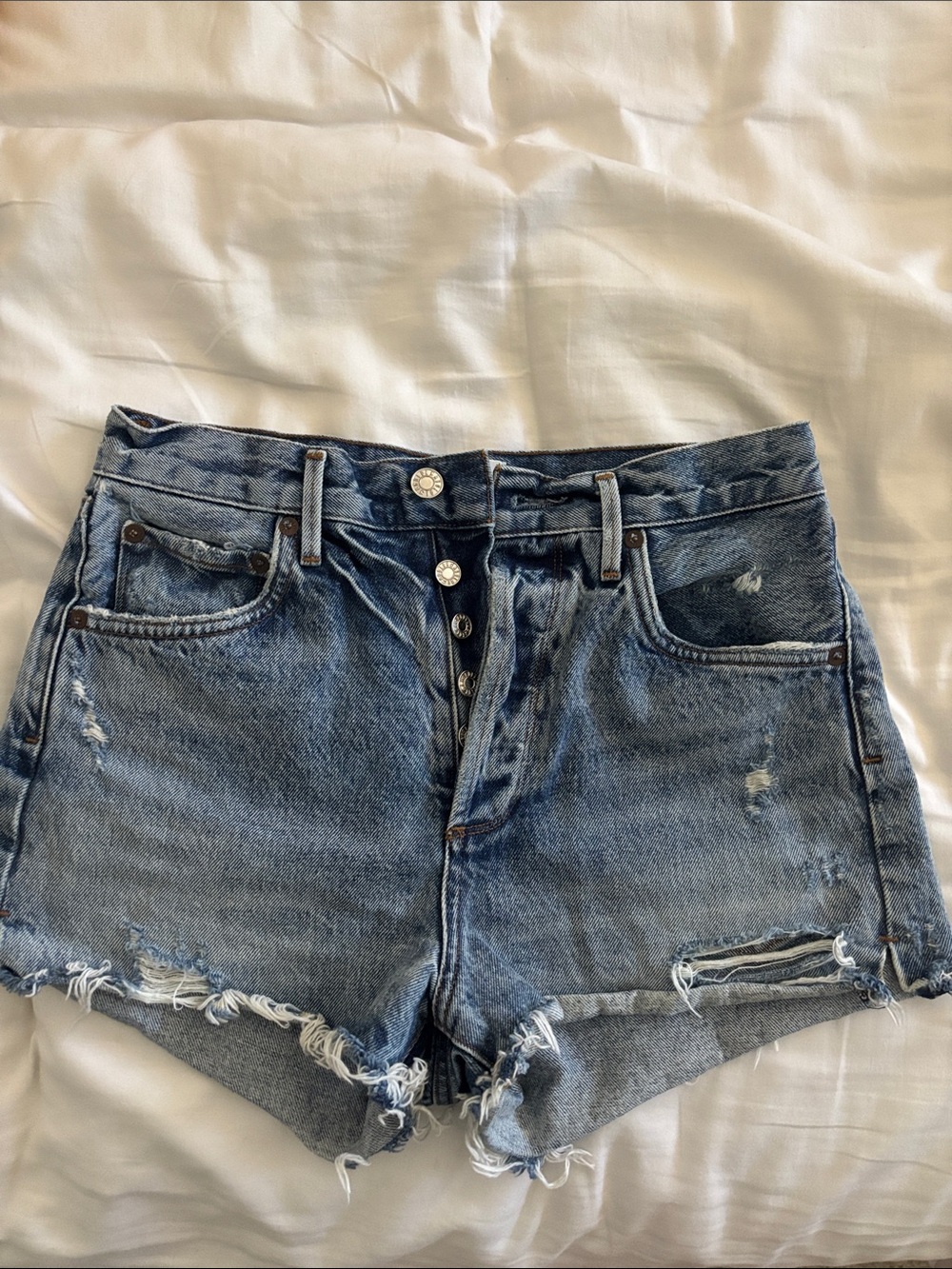 Agolde High-Waist Distressed Denim Shorts - Medium Blue